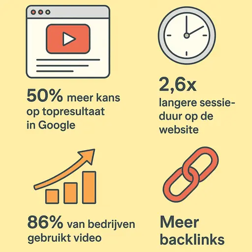 "Infographic met een gele achtergrond die uitlegt waarom video essentieel is voor SEO: 50% meer kans op topresultaat in Google, 2,6 keer langere sessieduur op de website, 86% van bedrijven gebruikt video en video zorgt voor meer backlinks."